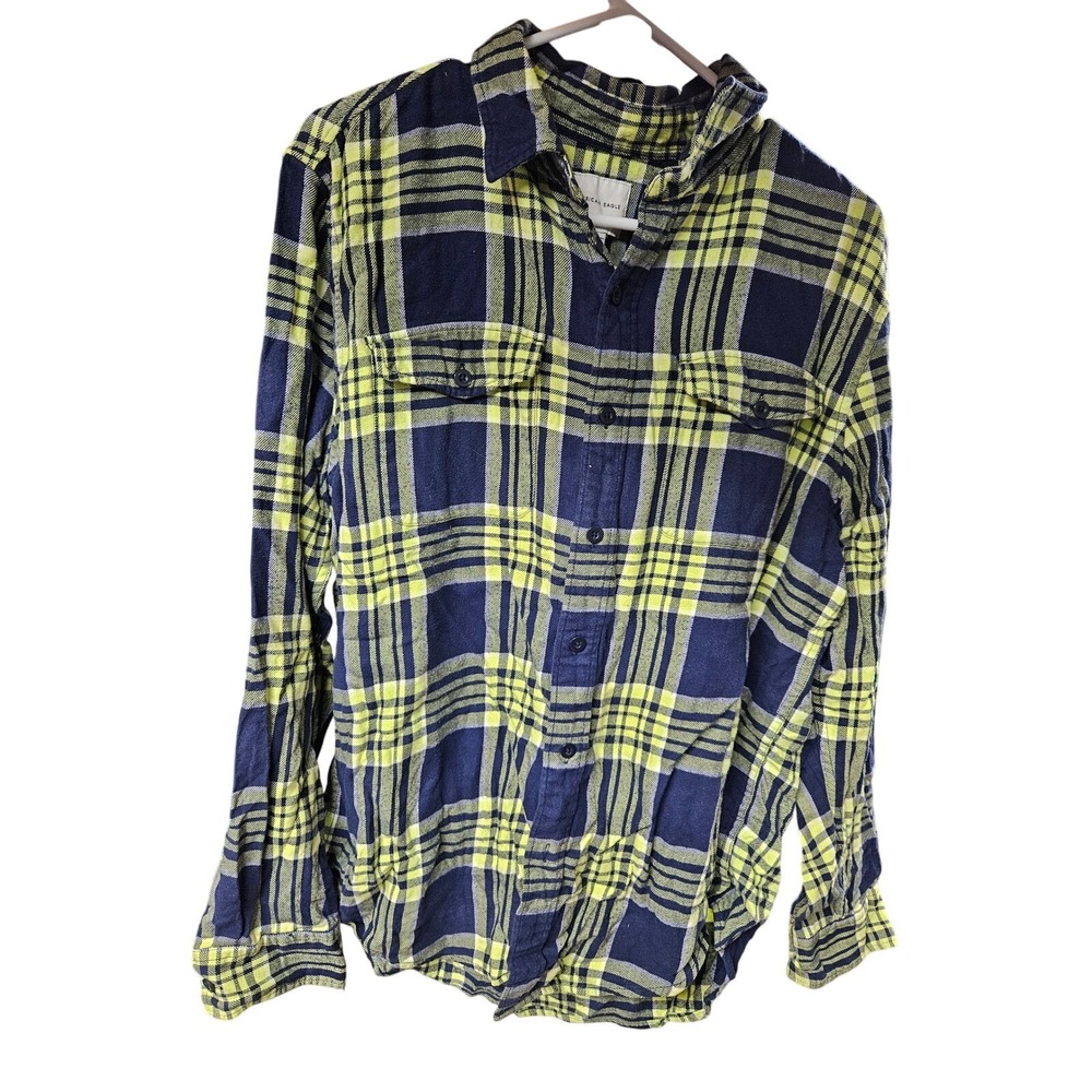 Amreican Eagle‎ Flannel Size L Neon Yellow/Navy Classic Fit (W10)